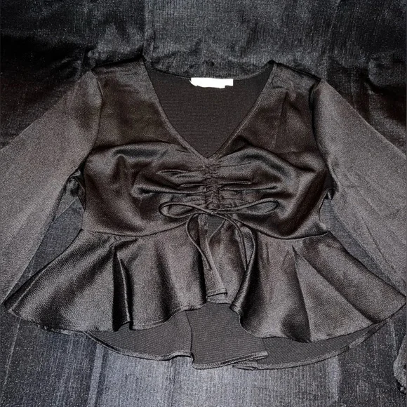 All in Favor Tie Front Satin Peplum Top in Black - Picture 4 of 10